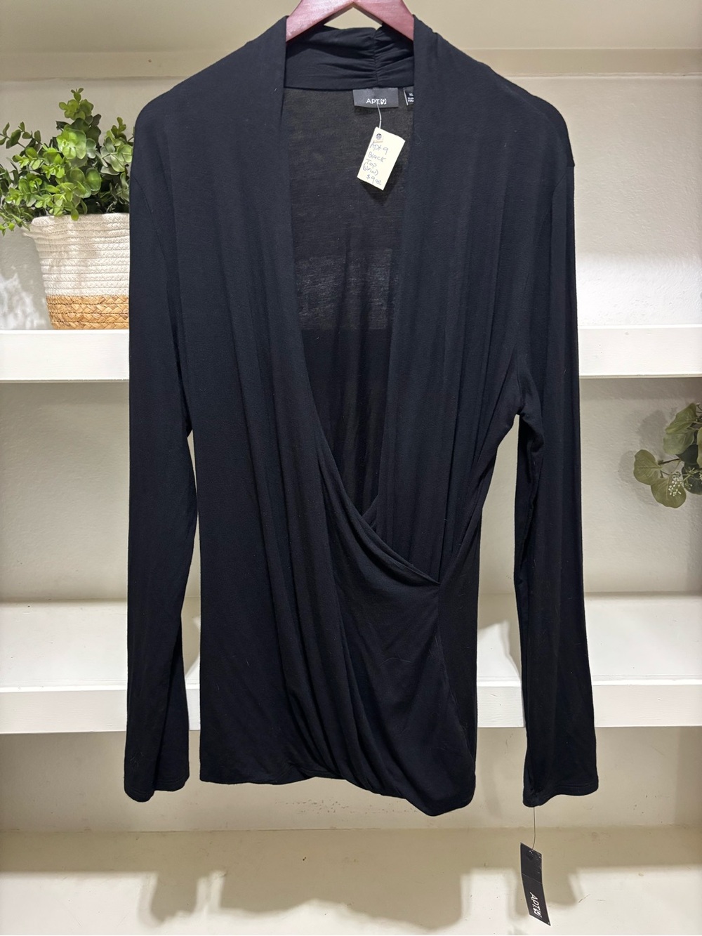 Apt. 9 Black Draped Wrap-Front Long Sleeve Top